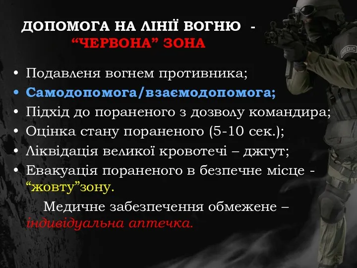 ДОПОМОГА НА ЛІНІЇ ВОГНЮ - “ЧЕРВОНА” ЗОНА Подавленя вогнем противника;