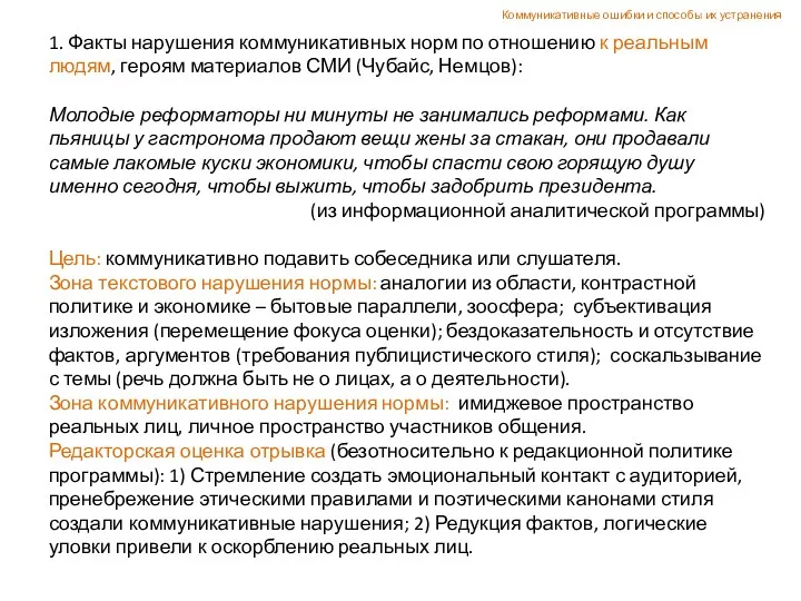 1. Факты нарушения коммуникативных норм по отношению к реальным людям,