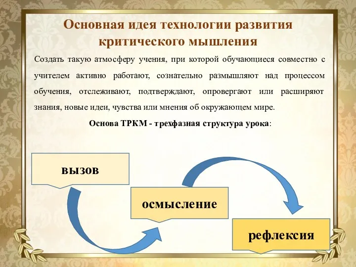 Основная идея технологии развития критического мышления Создать такую атмосферу учения,