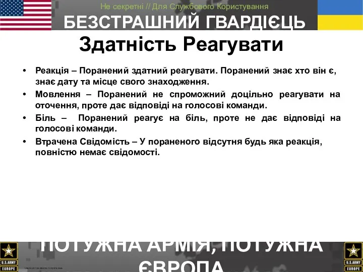 Здатність Pеагувати Реакція – Поранений здатний реагувати. Поранений знає хто