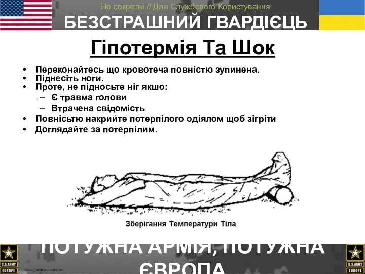 Гіпотермія Tа Шок Переконайтесь що кровотеча повністю зупинена. Піднесіть ноги.