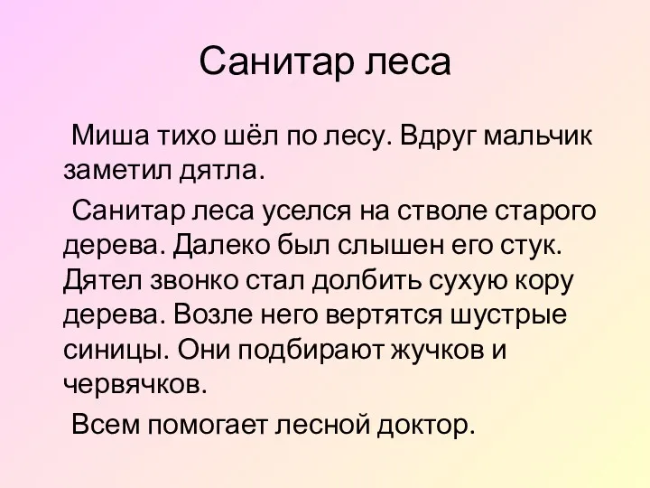 Санитар леса Миша тихо шёл по лесу. Вдруг мальчик заметил дятла. Санитар леса