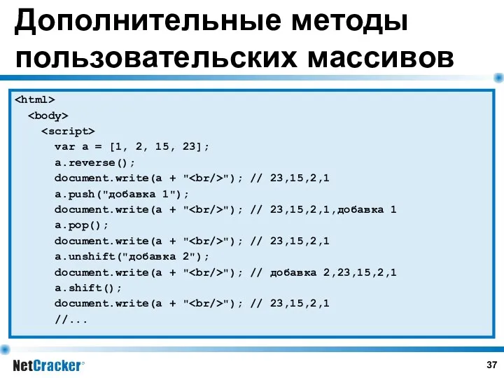 Дополнительные методы пользовательских массивов var a = [1, 2, 15,