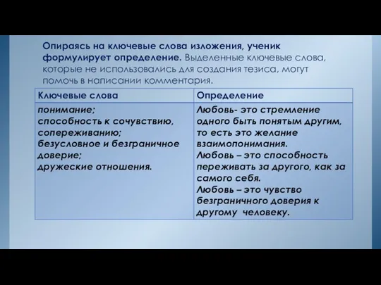 Опираясь на ключевые слова изложения, ученик формулирует определение. Выделенные ключевые