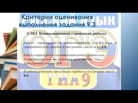 Критерии оценивания выполнения задания 9.3 С1К4 Композиционная стройность работы Работа