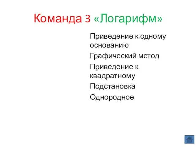 Команда 3 «Логарифм» Приведение к одному основанию Графический метод Приведение