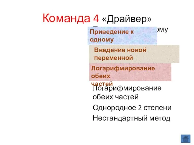 Команда 4 «Драйвер» Приведение к одному основанию Введение новой переменной