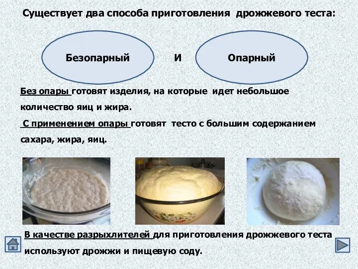 Существует два способа приготовления дрожжевого теста: Безопарный Без опары готовят