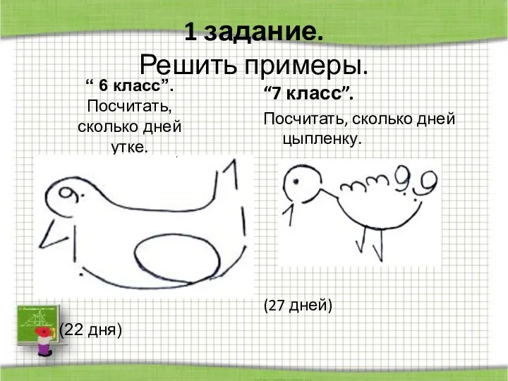 1 задание. Решить примеры. “7 класс”. Посчитать, сколько дней цыпленку. (27 дней) “