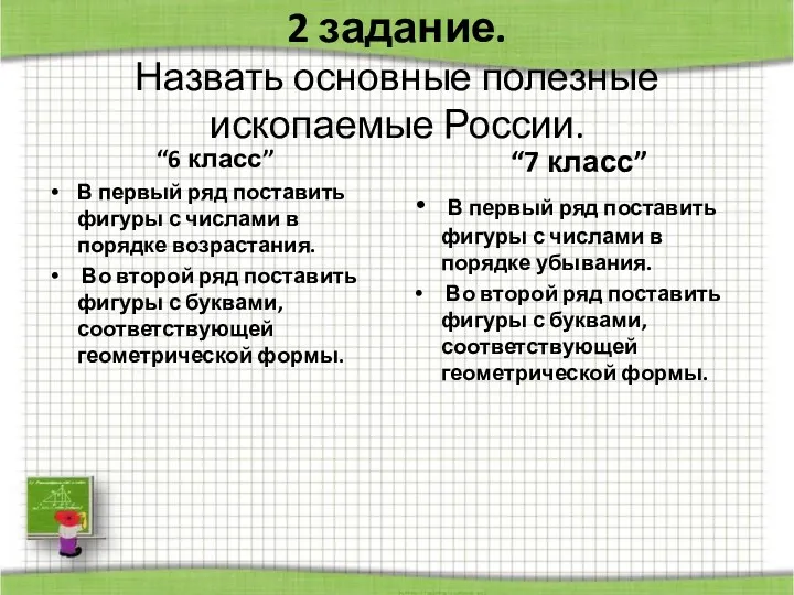 2 задание. Назвать основные полезные ископаемые России. “6 класс” В первый ряд поставить