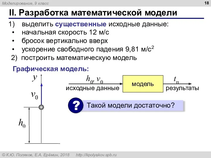 II. Разработка математической модели выделить существенные исходные данные: начальная скорость 12 м/с бросок