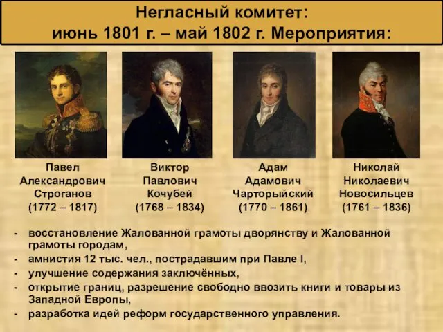 восстановление Жалованной грамоты дворянству и Жалованной грамоты городам, амнистия 12