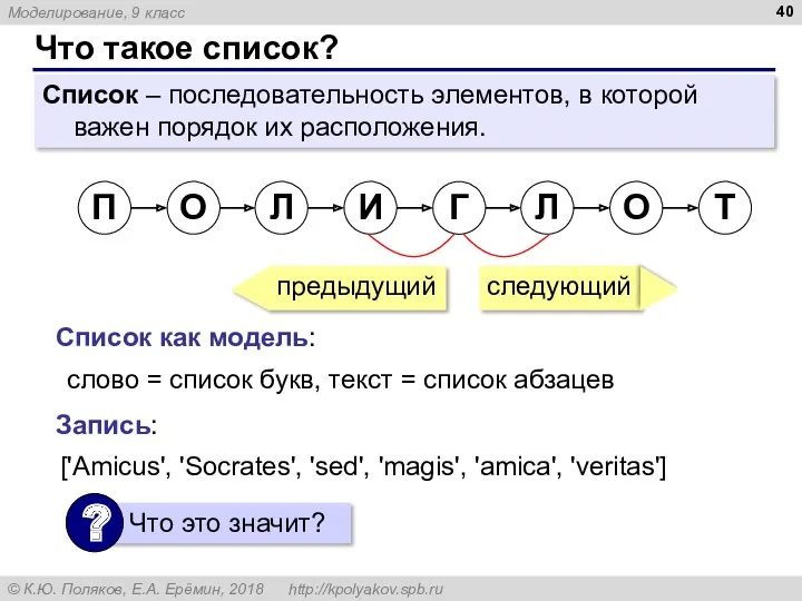 Что такое список? Список – последовательность элементов, в которой важен порядок их расположения.