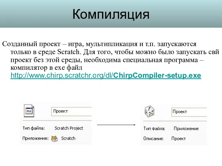 Компиляция Созданный проект – игра, мультипликация и т.п. запускаются только
