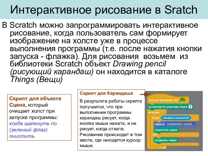 Интерактивное рисование в Sratch В Scratch можно запрограммировать интерактивное рисование,