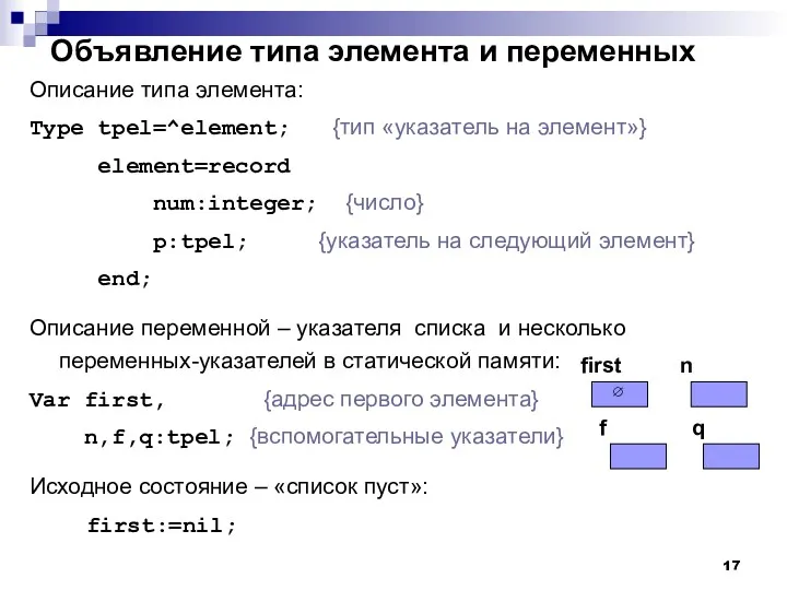 Объявление типа элемента и переменных Описание типа элемента: Type tpel=^element;