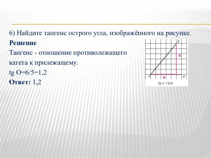 6) Найдите тангенс острого угла, изображённого на рисунке. Решение Тангенс