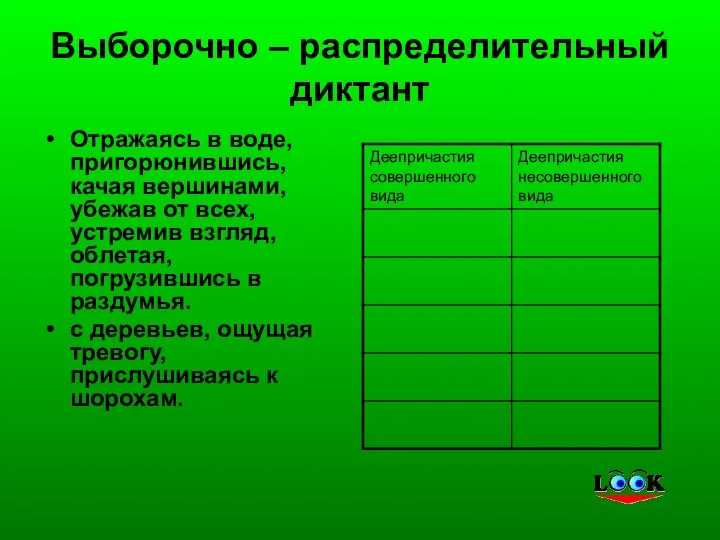 Выборочно – распределительный диктант Отражаясь в воде, пригорюнившись, качая вершинами,