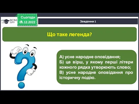 05.12.2022 Сьогодні Завдання 1 А) усне народне оповідання; Б) це