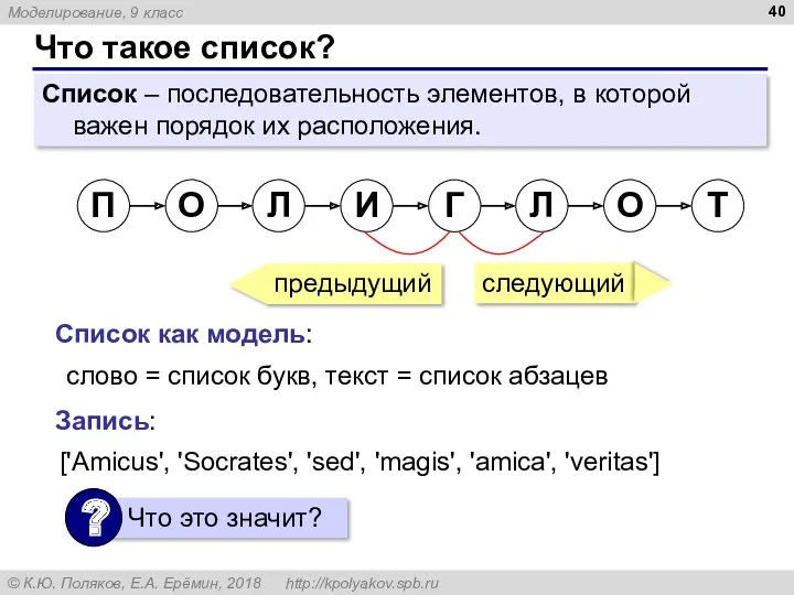 Что такое список? Список – последовательность элементов, в которой важен