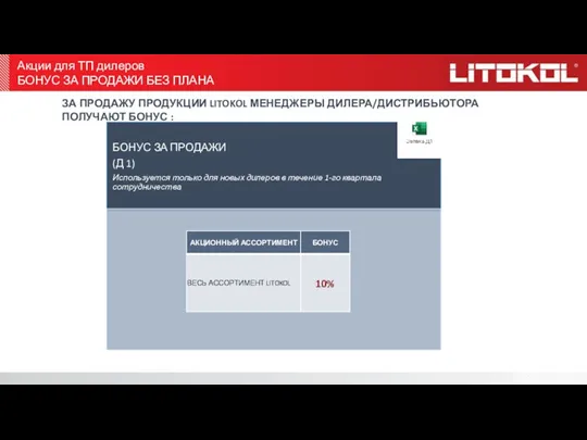 ЗА ПРОДАЖУ ПРОДУКЦИИ LITOKOL МЕНЕДЖЕРЫ ДИЛЕРА/ДИСТРИБЬЮТОРА ПОЛУЧАЮТ БОНУС : Акции