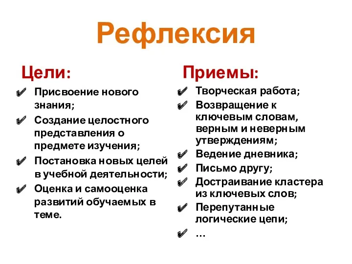 Рефлексия Цели: Присвоение нового знания; Создание целостного представления о предмете