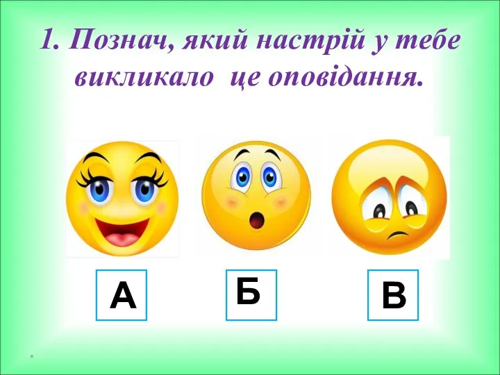 1. Познач, який настрій у тебе викликало це оповідання. * А Б В