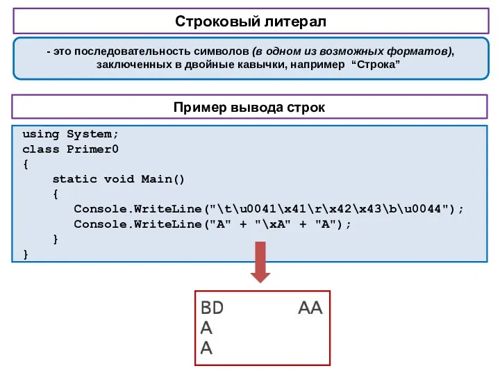 Строковый литерал - это последовательность символов (в одном из возможных