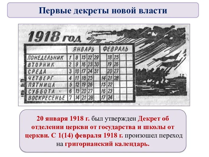 20 января 1918 г. был утвержден Декрет об отделении церкви