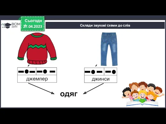 27.04.2023 Сьогодні Склади звукові схеми до слів одяг ´ ´