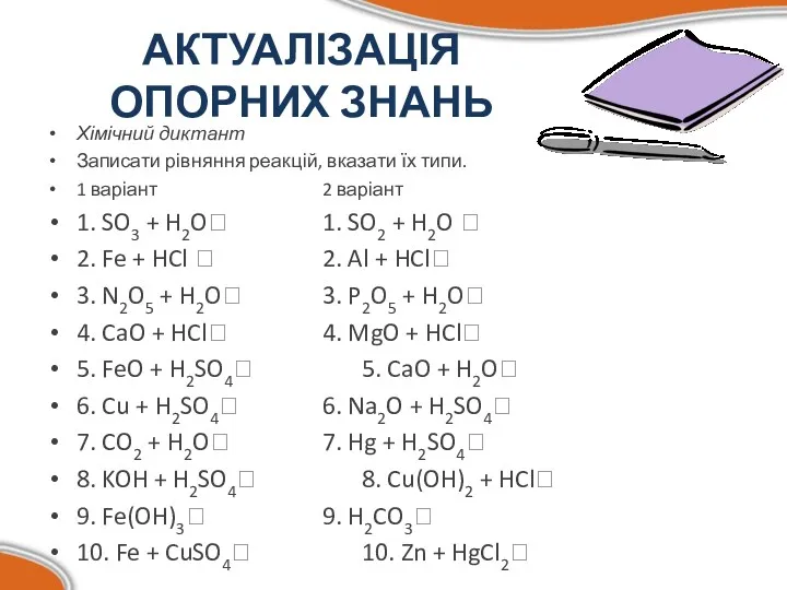 АКТУАЛІЗАЦІЯ ОПОРНИХ ЗНАНЬ Хімічний диктант Записати рівняння реакцій, вказати їх типи. 1 варіант