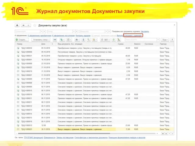Журнал документов Документы закупки