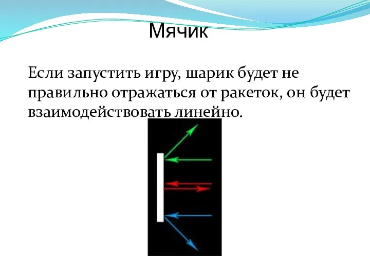 Мячик Если запустить игру, шарик будет не правильно отражаться от ракеток, он будет взаимодействовать линейно.