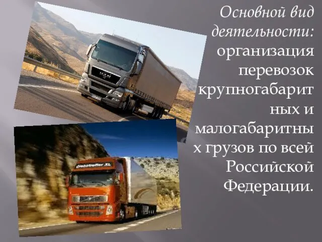 Основной вид деятельности: организация перевозок крупногабаритных и малогабаритных грузов по всей Российской Федерации.