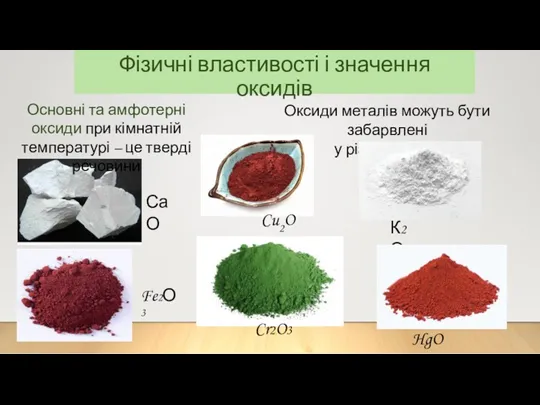 Фізичні властивості і значення оксидів Оксиди металів можуть бути забарвлені