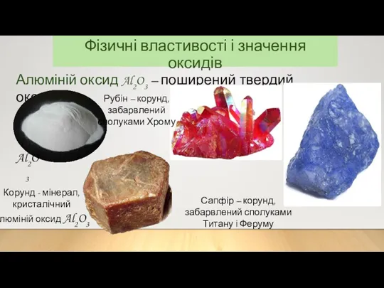 Фізичні властивості і значення оксидів Алюміній оксид Al2O3 – поширений твердий оксид