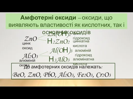 Амфотерні оксиди – оксиди, що виявляють властивості як кислотних, так