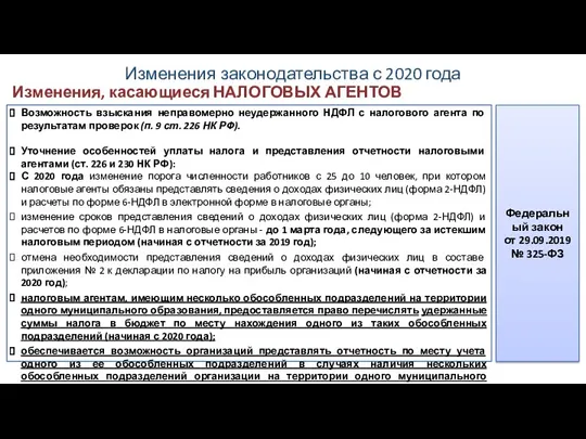 Изменения, касающиеся НАЛОГОВЫХ АГЕНТОВ Возможность взыскания неправомерно неудержанного НДФЛ с