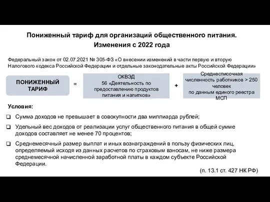 Пониженный тариф для организаций общественного питания. Изменения с 2022 года