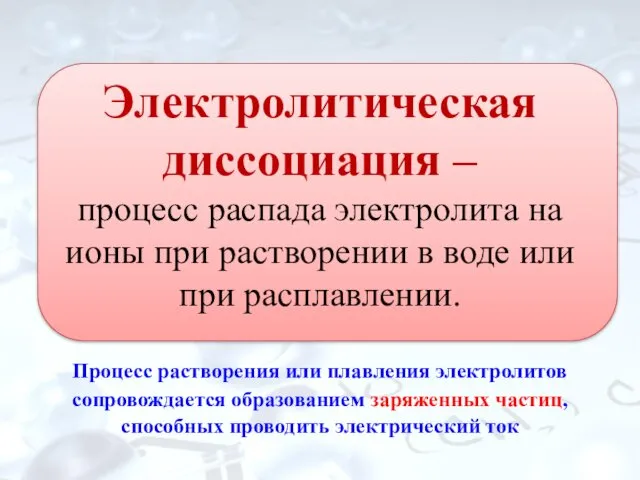 Электролитическая диссоциация – процесс распада электролита на ионы при растворении