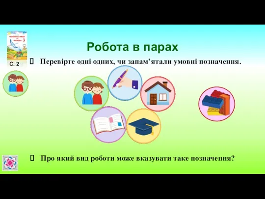 Робота в парах Перевірте одні одних, чи запам’ятали умовні позначення.