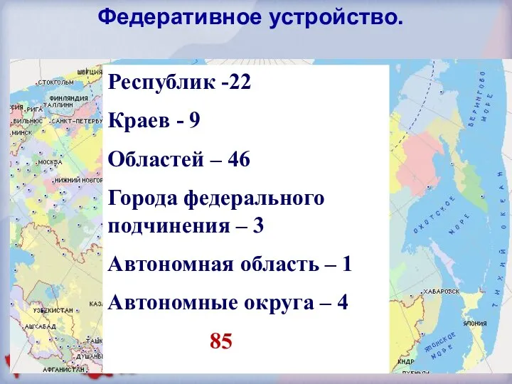 Федеративное устройство. Республик -22 Краев - 9 Областей – 46