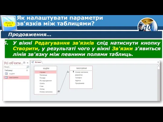 Як налаштувати параметри зв’язків між таблицями? Розділ 3 § 16 Продовження… У вікні