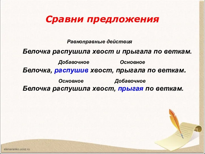 Сравни предложения Белочка распушила хвост и прыгала по веткам. Белочка,