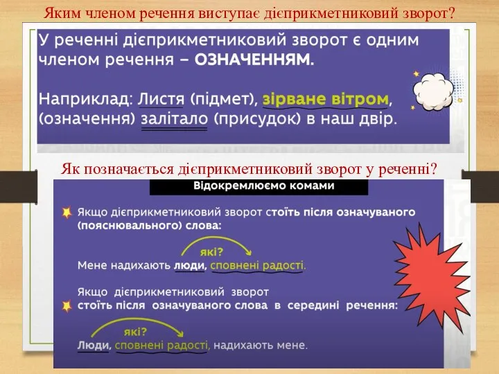 Яким членом речення виступає дієприкметниковий зворот? Як позначається дієприкметниковий зворот у реченні?