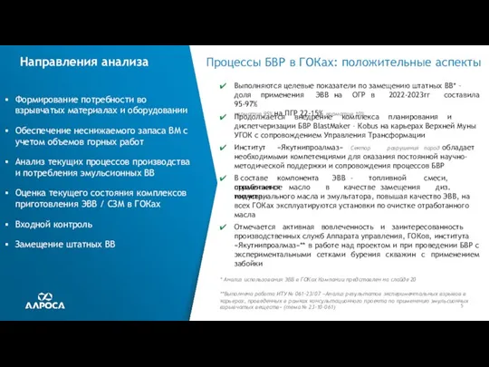 5 Формирование потребности во взрывчатых материалах и оборудовании Обеспечение неснижаемого