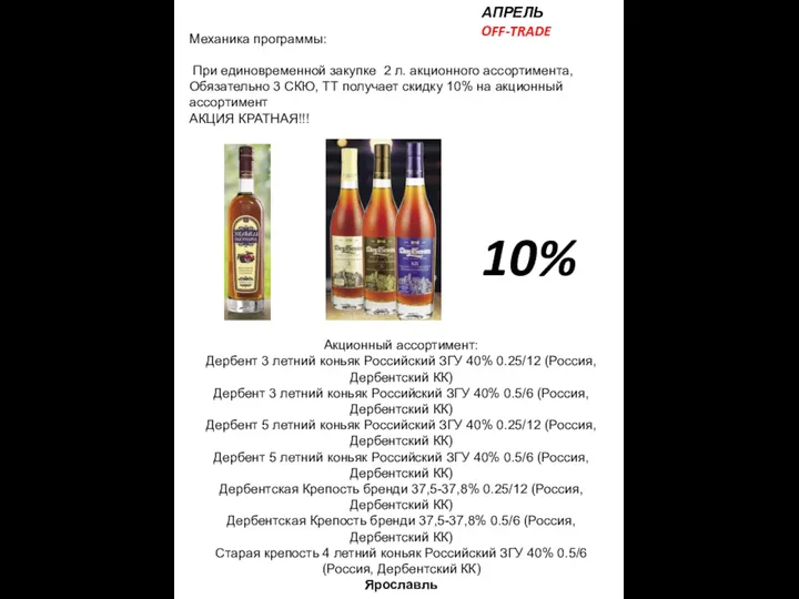 Акционный ассортимент: Дербент 3 летний коньяк Российский ЗГУ 40% 0.25/12