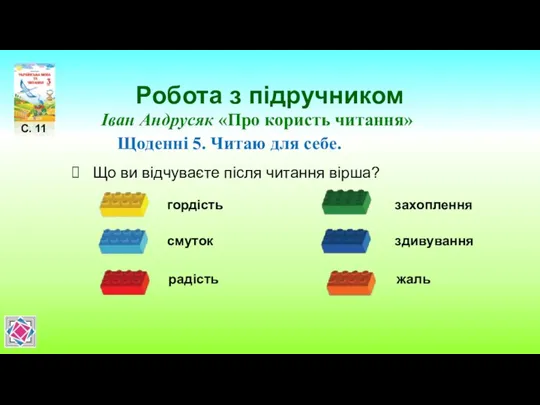 Робота з підручником С. 11 Іван Андрусяк «Про користь читання» Щоденні 5. Читаю