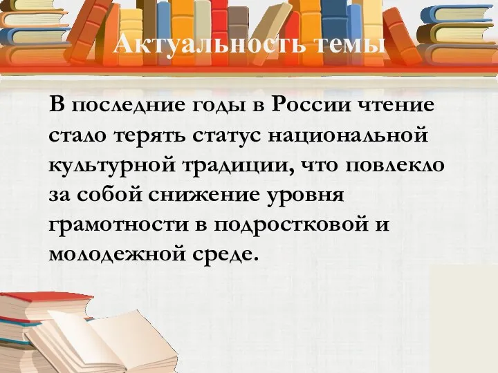 Актуальность темы В последние годы в России чтение стало терять