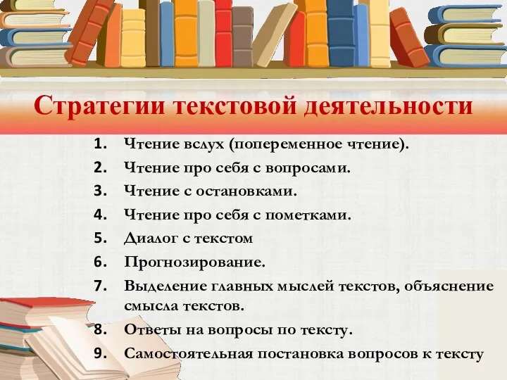 Стратегии текстовой деятельности Чтение вслух (попеременное чтение). Чтение про себя